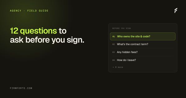 FirmForte field-guide hero card for the article: 12 questions to ask a legal marketing agency before you sign