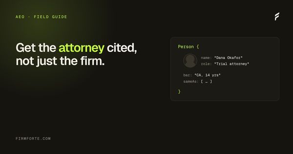 FirmForte field-guide hero card for the article: Personal branding for attorneys in 2026: why Person schema matters now