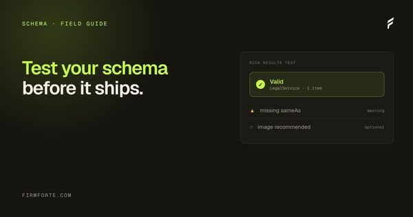 FirmForte field-guide hero card for the article: How to test your law firm schema before it goes live